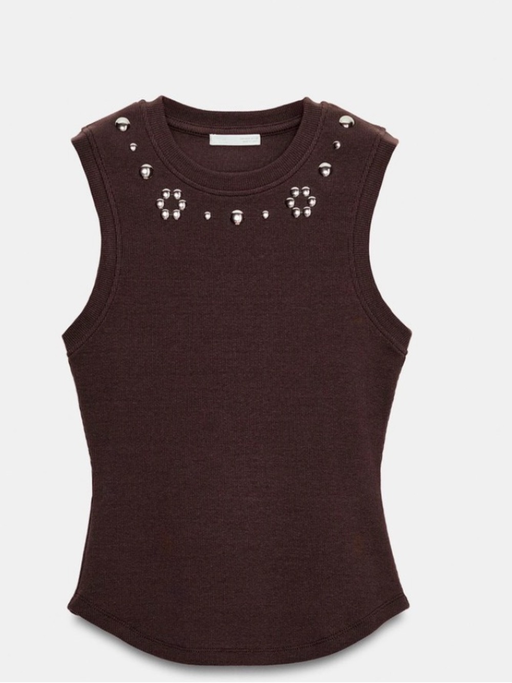 Zara Sleeveless Stud-Embellished Knit Top — Dark Brown